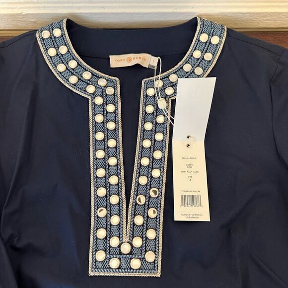 Tory Burch Navy 3/4 Sleeve Embellished Tunic cotton Blouse Size 2, NWT - Picture 3 of 7